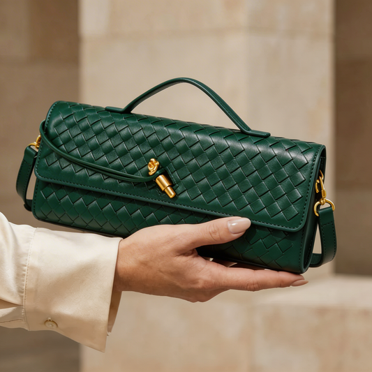 Elegant women's woven leather clutch handbag with a sophisticated design, perfect for luxury everyday accessory.