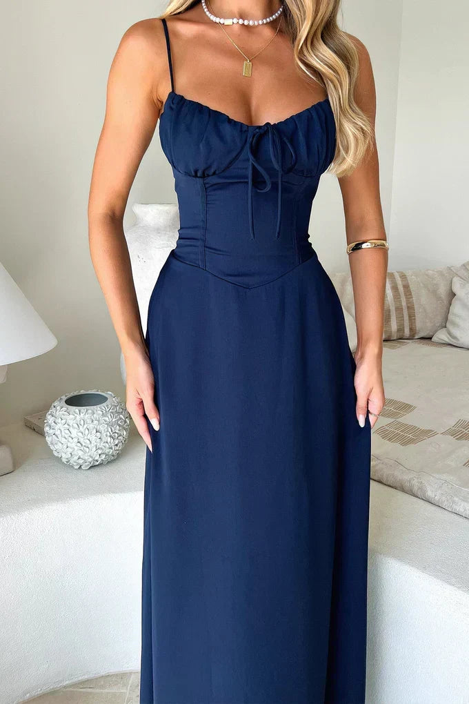 Formal women's evening wrap maxi dress with spaghetti straps, perfect for parties.