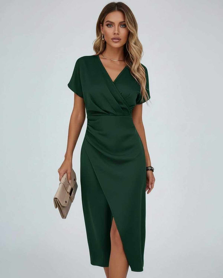 Versatile women's elegant wrap midi dress. Features a flattering fit, V-neck, short sleeves & chic split hem. Day-to-night fashion.