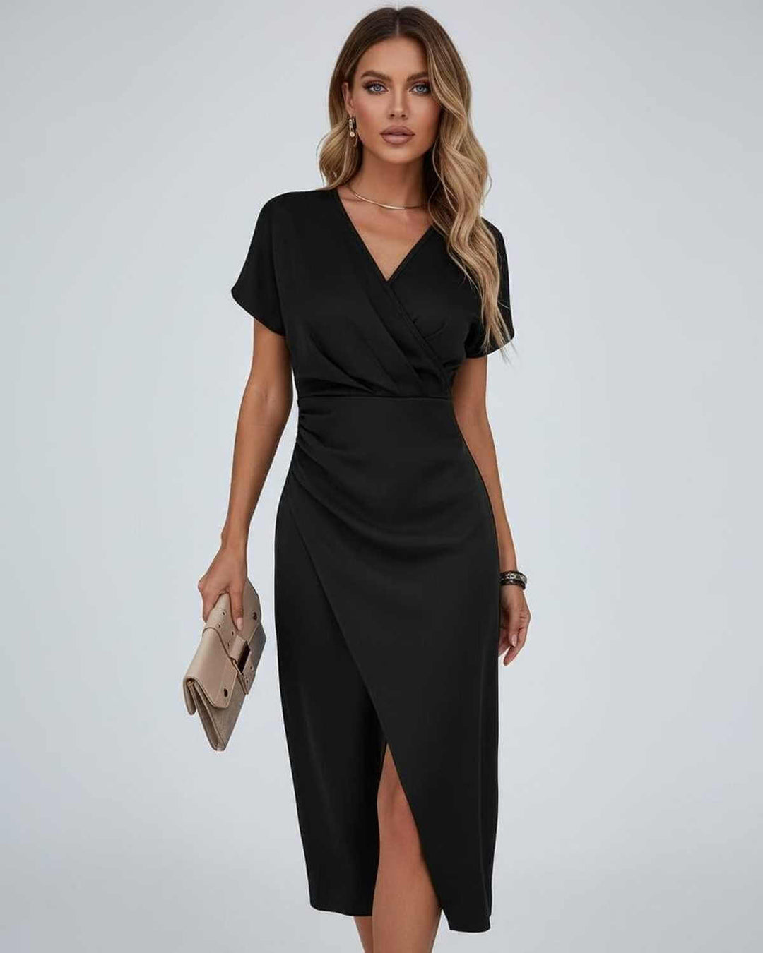 Chic women's elegant wrap midi dress. Features a V-neck, short sleeves & graceful split hem. A flattering and versatile fashion choice.