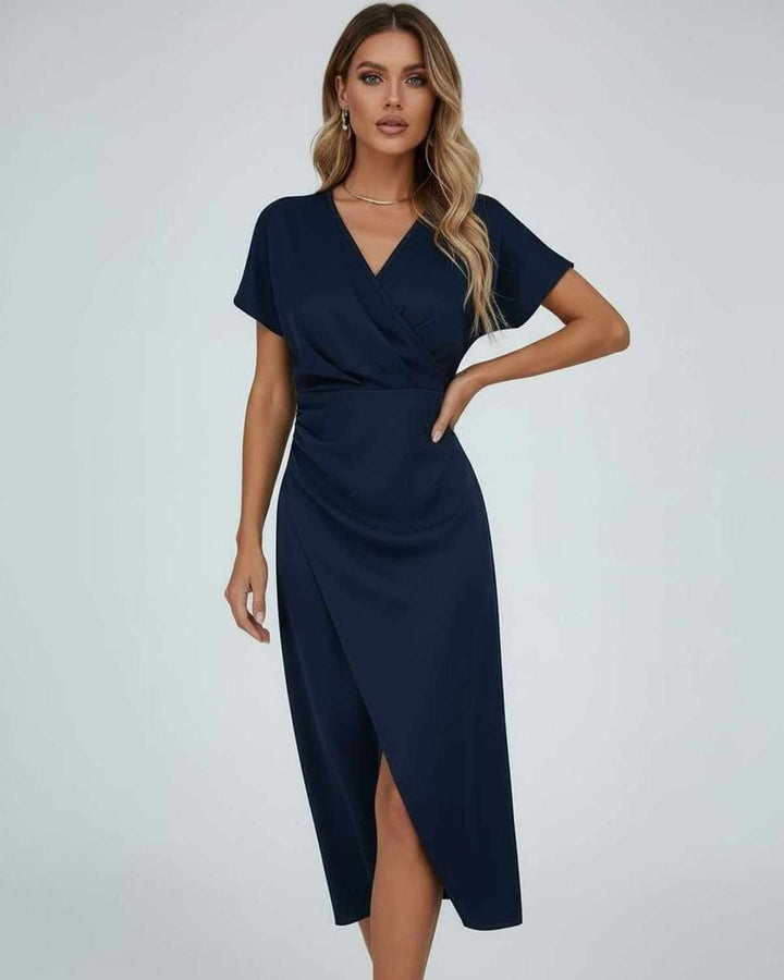 Women's elegant wrap midi dress with V-neck, short sleeves, and a fashionable split hem. Versatile for day or evening wear.