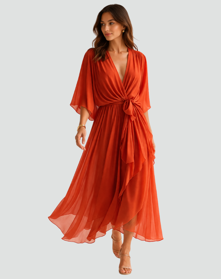 Elegant women's wrap midi dress with tie waist. Perfect for special occasions or summer parties.