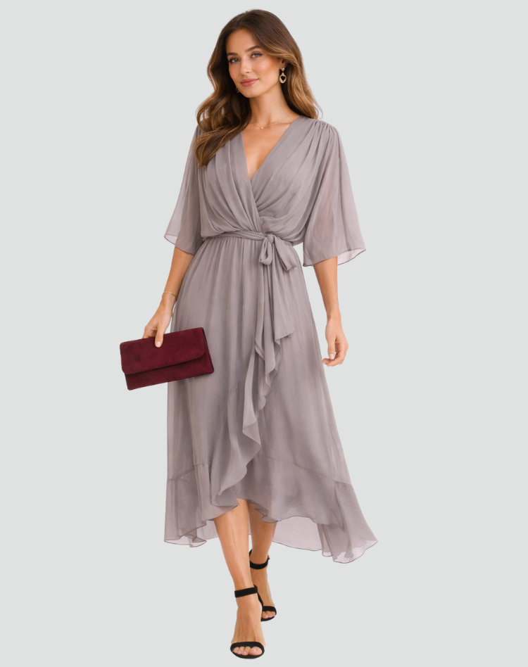Chic women's summer wrap midi dress with tie waist, ideal for elegant events & warm weather.