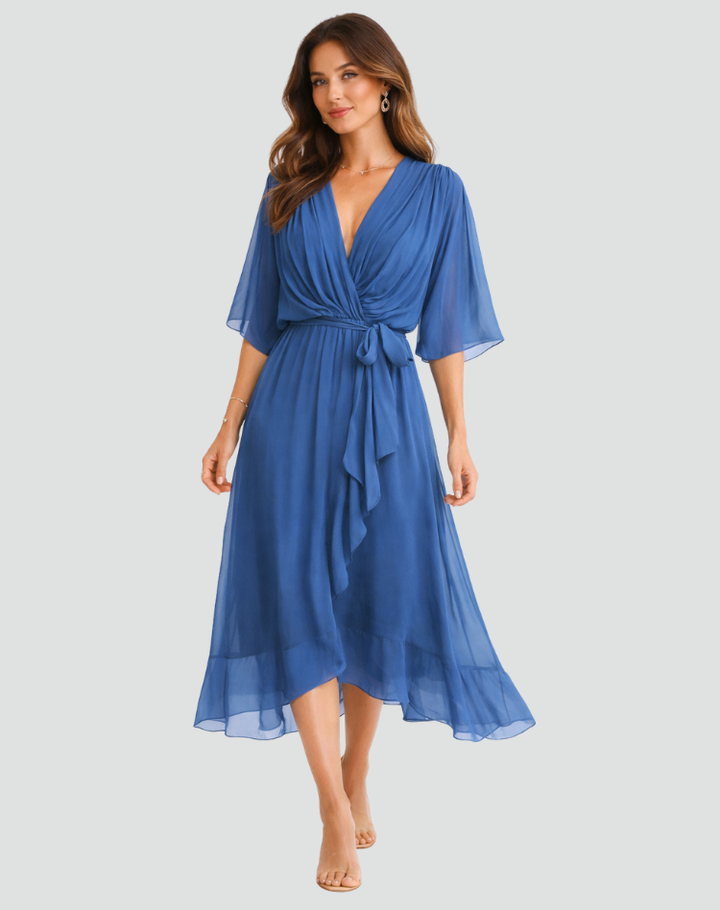 Graceful women's wrap midi dress, elegant tie waist, perfect for formal or summer parties. Midi length.
