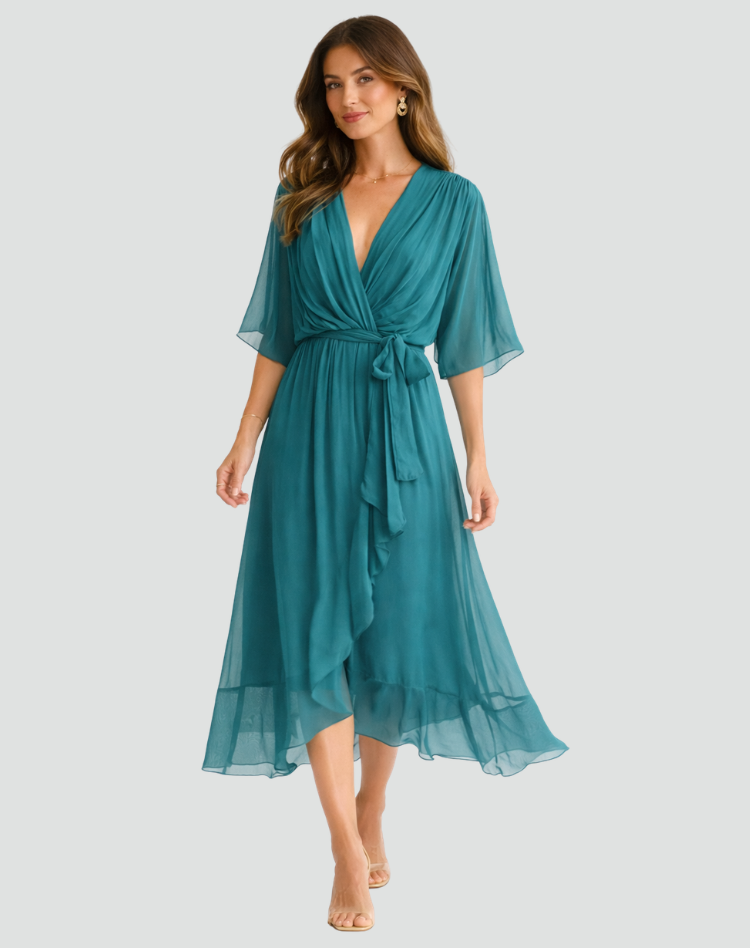 Stylish women's elegant midi wrap dress, V-neck, and adjustable tie waist for comfort. Special occasion wear.