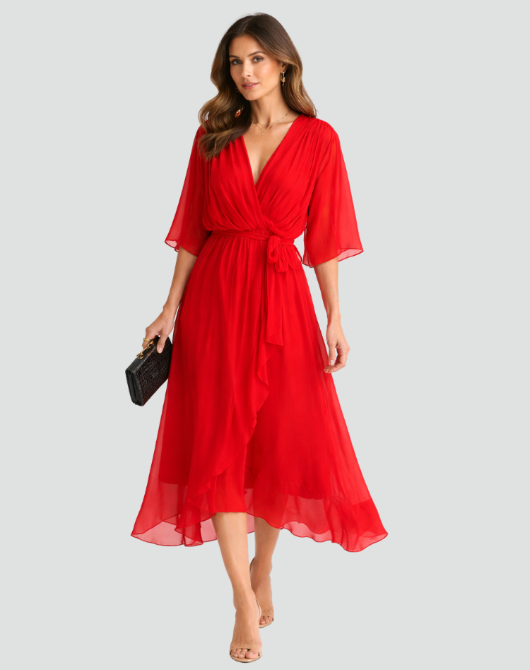 Elegant women's wrap midi dress with a stylish tie waist. Perfect for special occasions, parties, or summer.