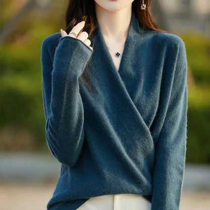 Elegant women's wrap sweater with V-neck, perfect for modern chic fall fashion.