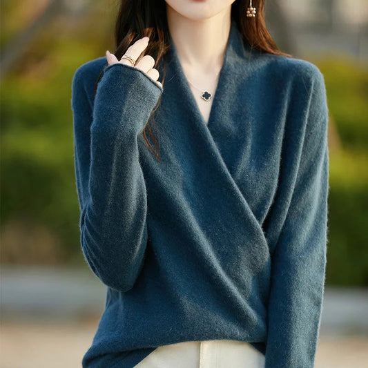 Elegant women's wrap sweater with V-neck, perfect for modern chic fall fashion.
