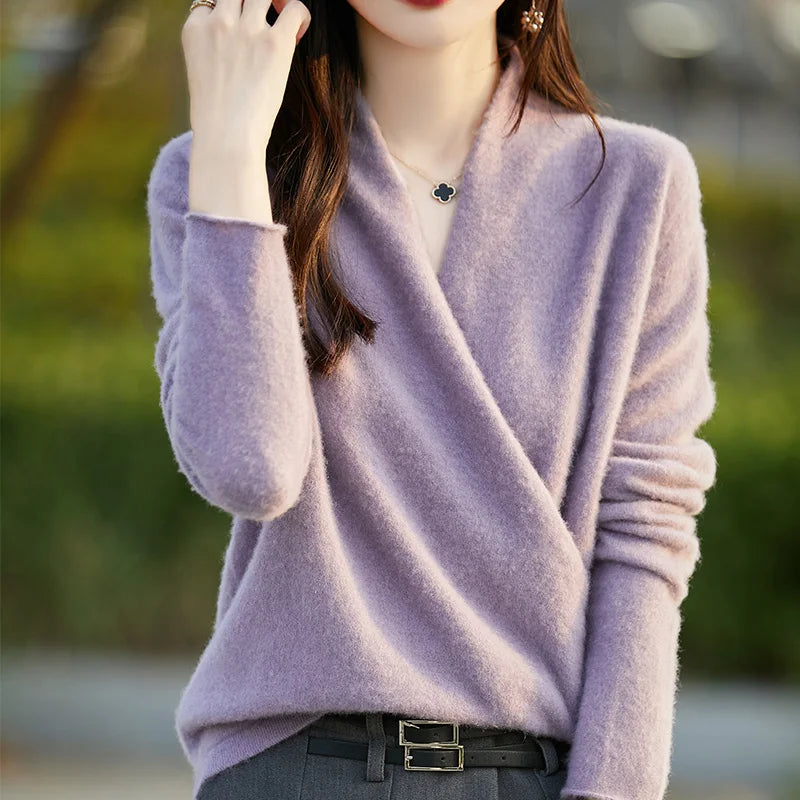 Versatile women's V-neck wrap sweater, elegant modern style for fall & winter outfits.