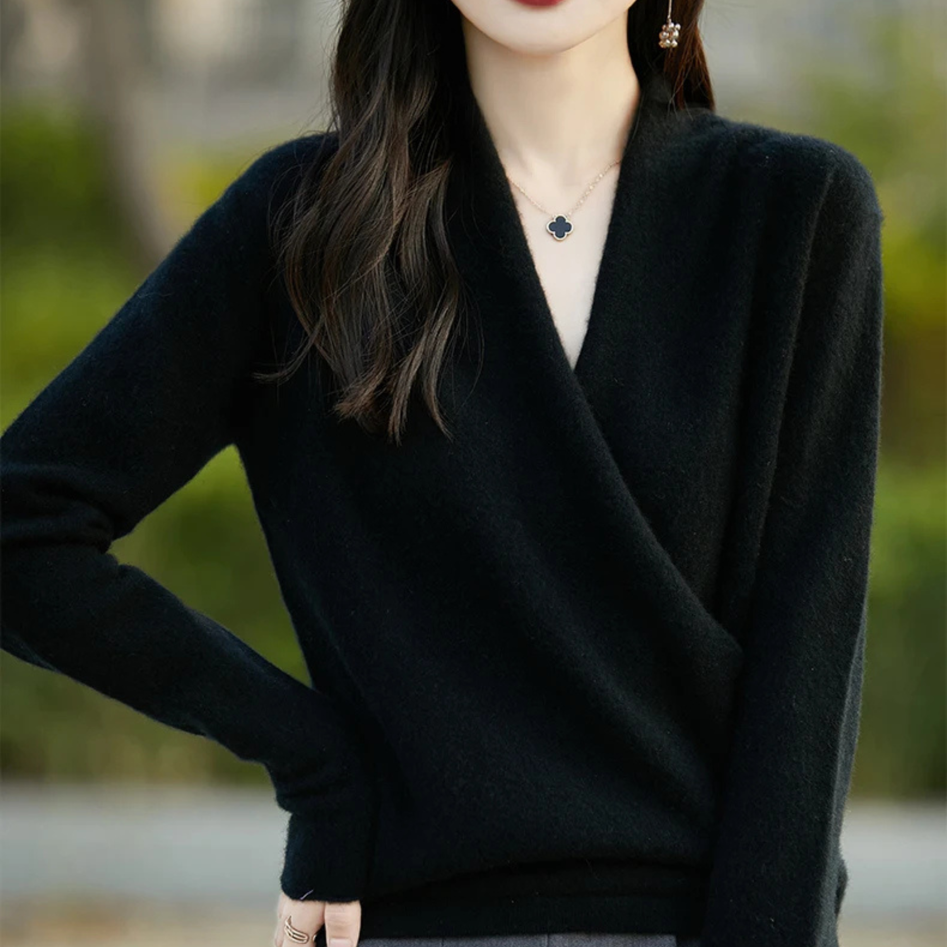 Modern V-neck wrap sweater for women, elegant fashion & soft comfort, versatile style.