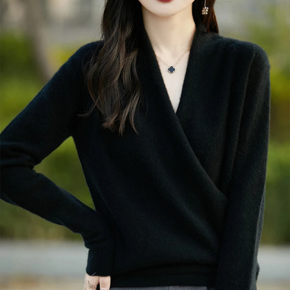 Modern V-neck wrap sweater for women, elegant fashion & soft comfort, versatile style.