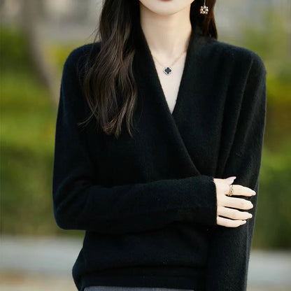 Winter wear women's V-neck wrap sweater, elegant and soft for chic modern style.