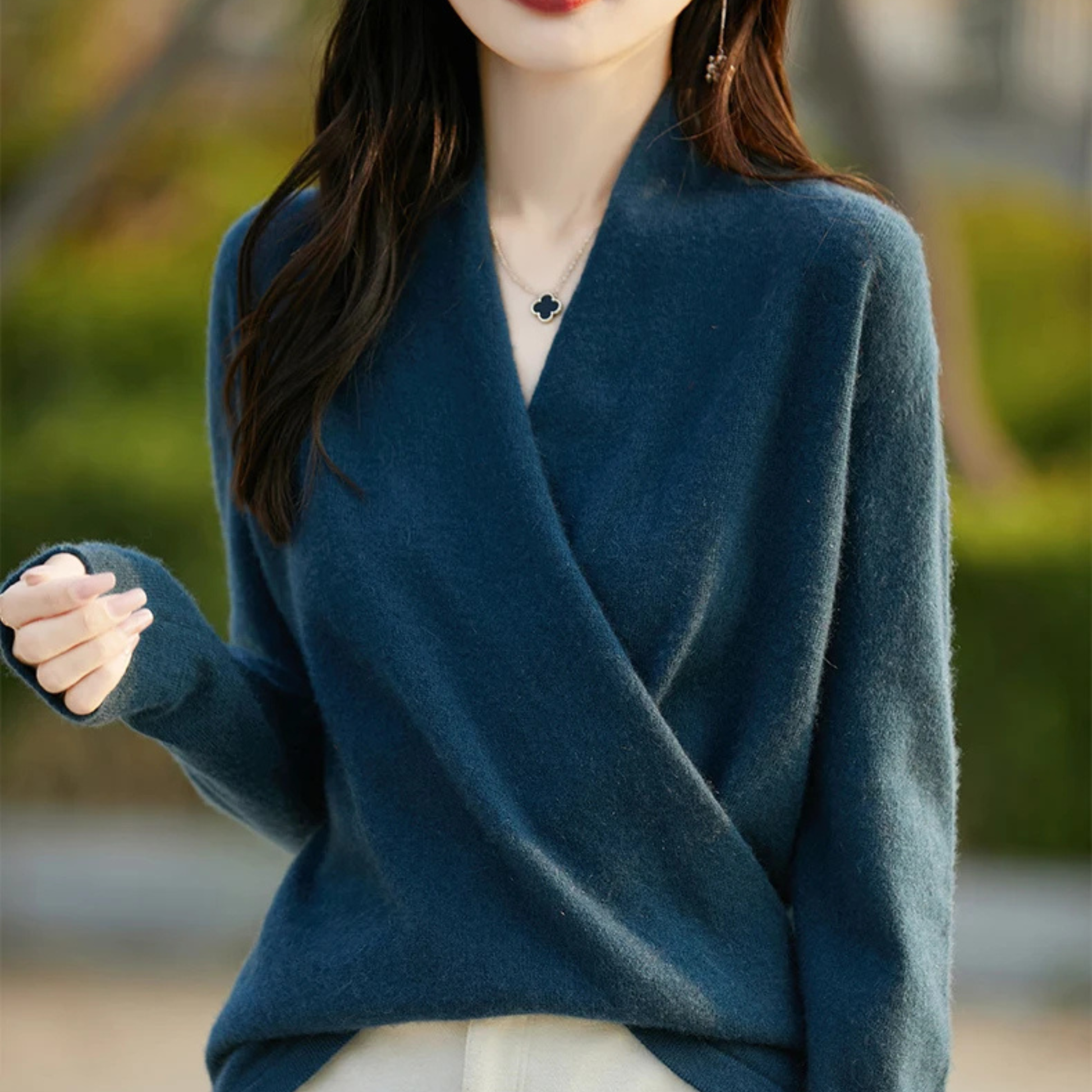 Soft comfort women's V-neck wrap sweater, a versatile layering piece for winter.