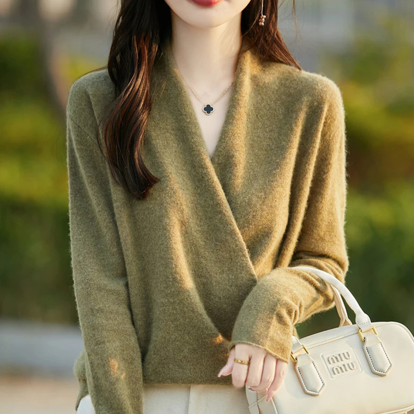 Fall fashion women's V-neck wrap sweater, an elegant and soft layering piece.