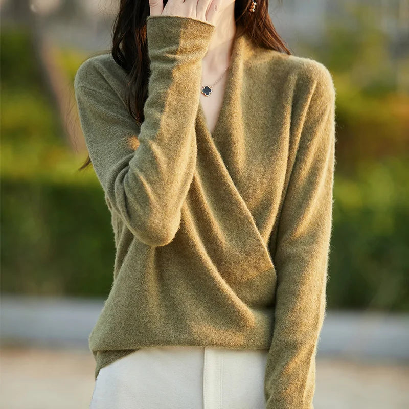 Stylish women's wrap sweater, V-neck design for elegant and versatile fall fashion.
