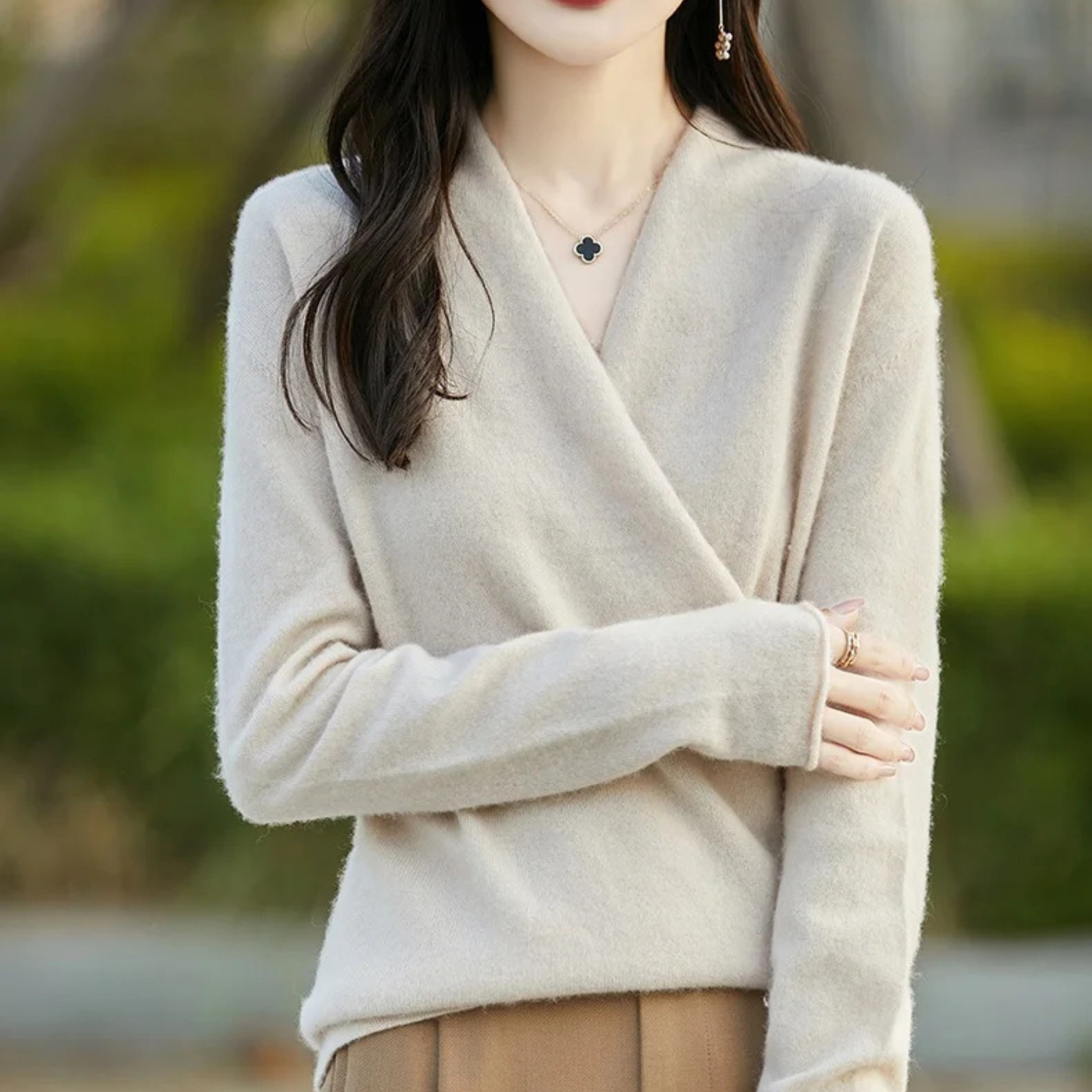 Chic women's wrap sweater, V-neck design. Perfect for elegant fall & winter fashion.