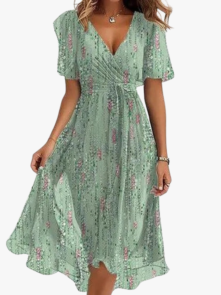 Elegant women's wrap V-neck midi dress with flutter sleeves, perfect for summer occasions & garden parties.