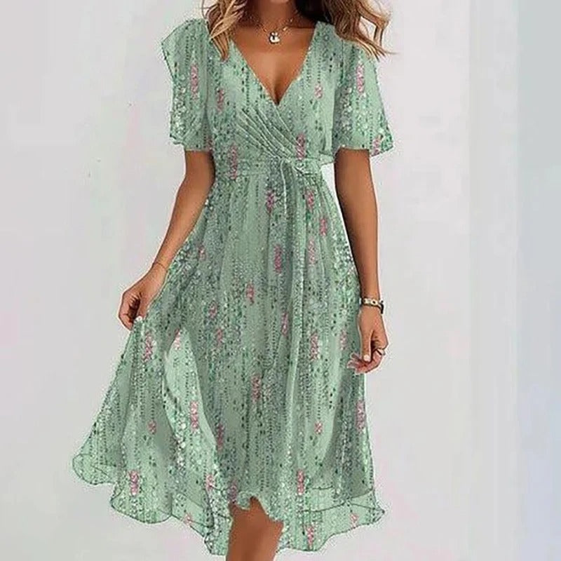 Flowing floral women's midi wrap dress featuring V-neck and flutter sleeves for a romantic summer look.