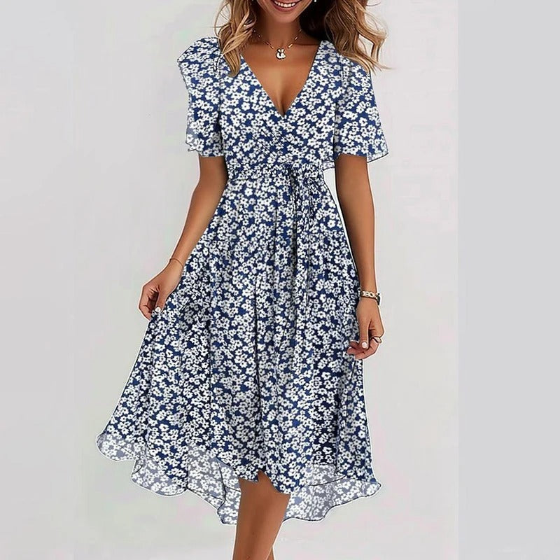 Casual yet elegant women's V-neck wrap dress with flutter sleeves & ruffle hem, ideal for summer comfort.