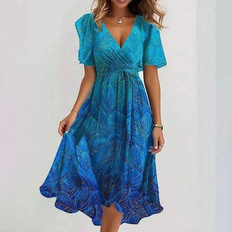 Romantic women's flutter sleeve V-neck midi dress, a flowing wrap design perfect for garden parties.