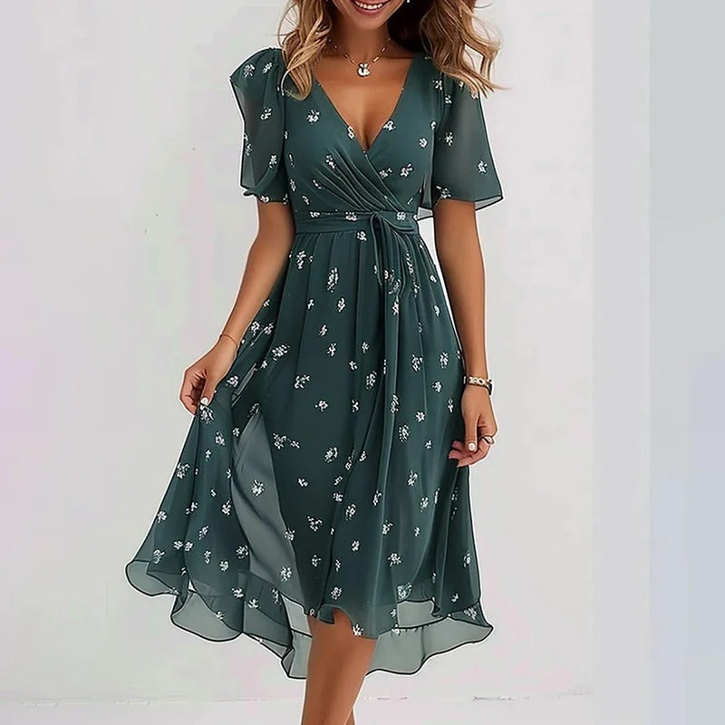 Chic women's summer midi dress, a V-neck wrap design with delicate flutter sleeves for elegant style.
