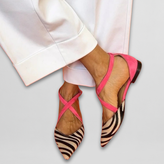 Elegant women's zebra print strap ballet flats with pointed toe, offering playful style & comfortable wear.