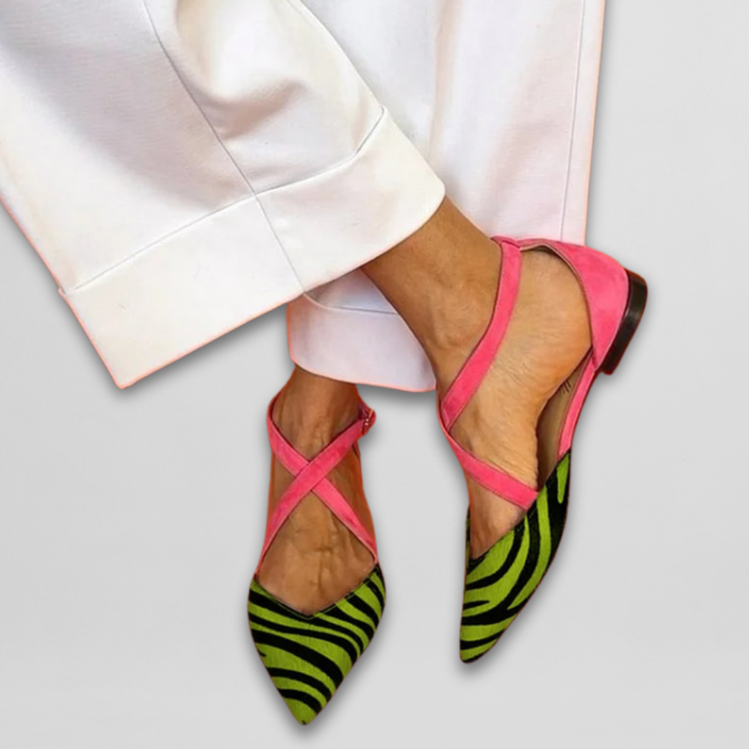 Chic women's zebra strap ballet flats, pointed toe, perfect for stylish everyday fashion & comfort.