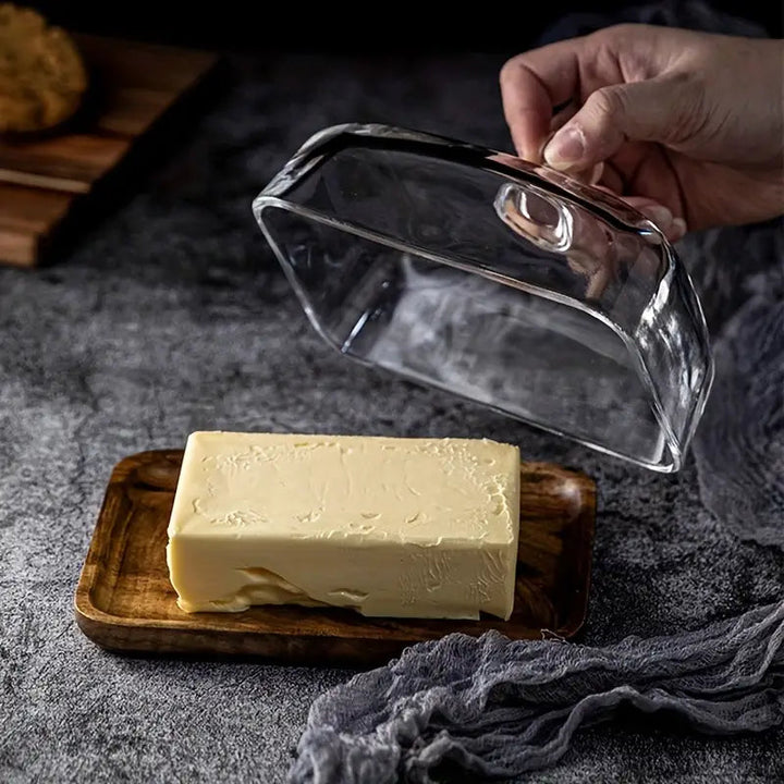 Modern wood & glass butter dish for fresh butter storage, enhancing elegant kitchen & dining decor.