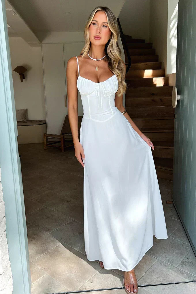 Graceful blue evening gown, a women's sweetheart corset maxi dress for wedding guests and formal gatherings.