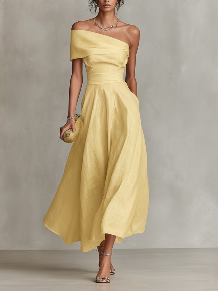 Elegant yellow women's ruched one-shoulder A-line midi dress, perfect for wedding guests or cocktail parties.