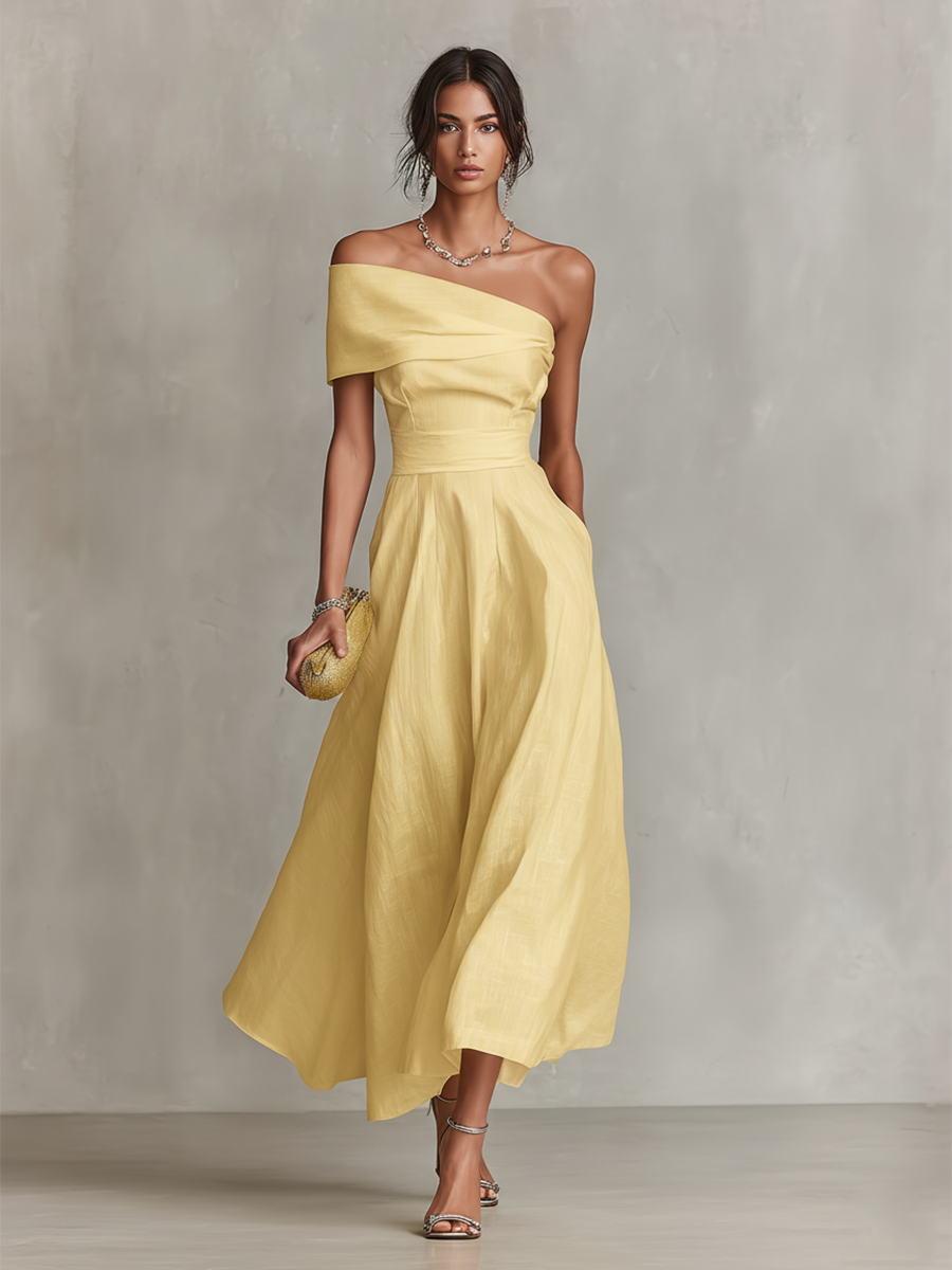 Chic yellow one-shoulder ruched A-line midi dress for women, ideal as a formal party dress or special occasion.