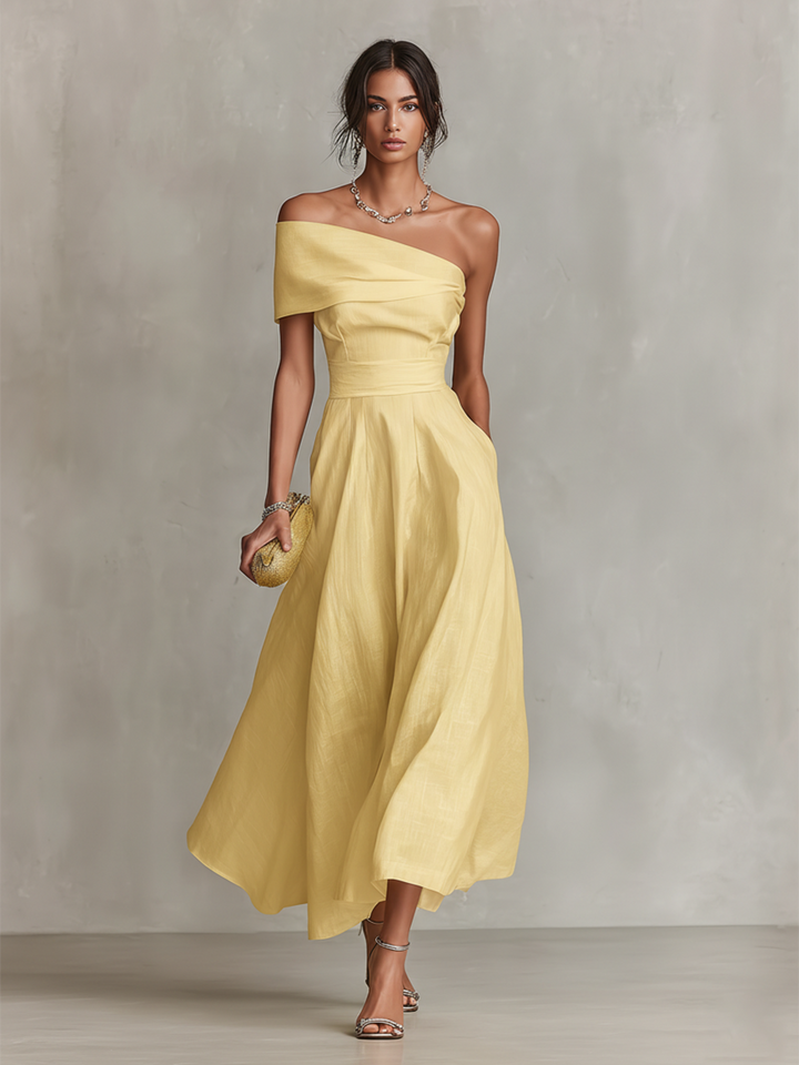 Chic yellow one-shoulder ruched A-line midi dress for women, ideal as a formal party dress or special occasion.