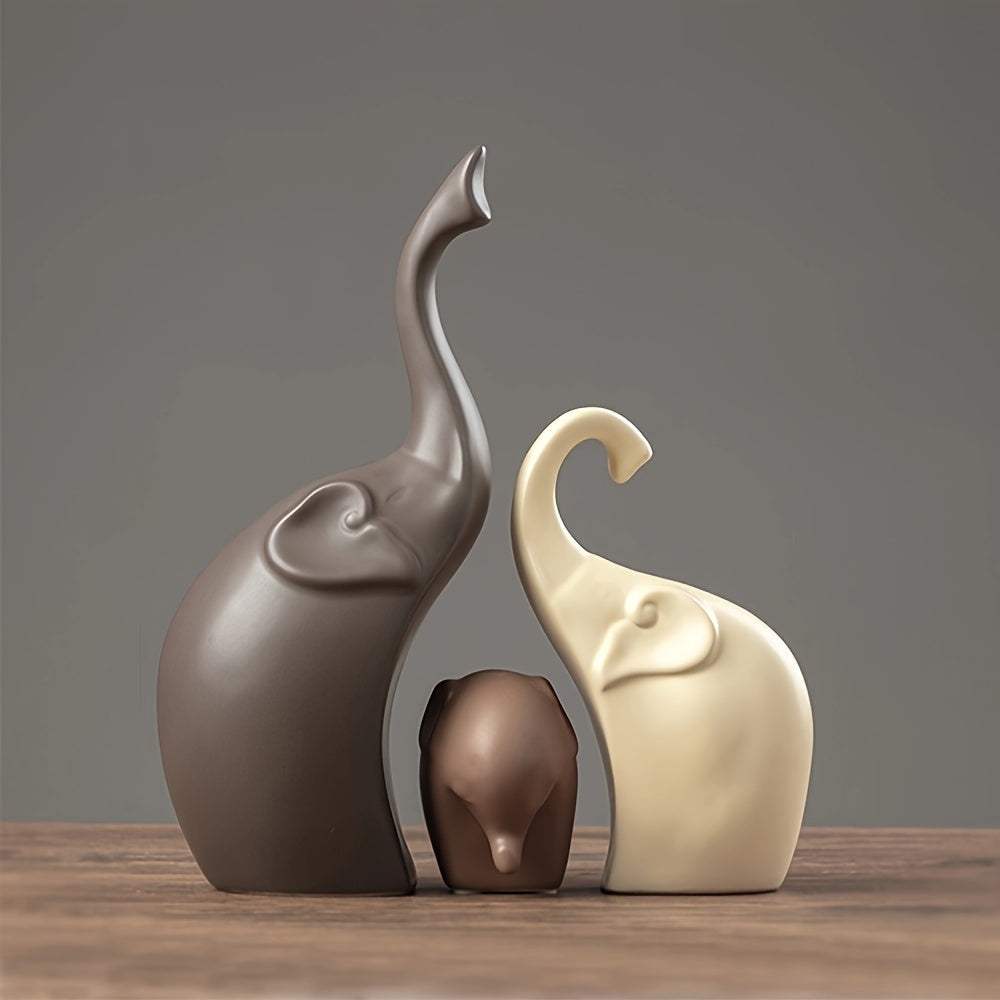 Decorative elephant family trio figurines, modern minimalist ceramic statues for home or garden table decor.