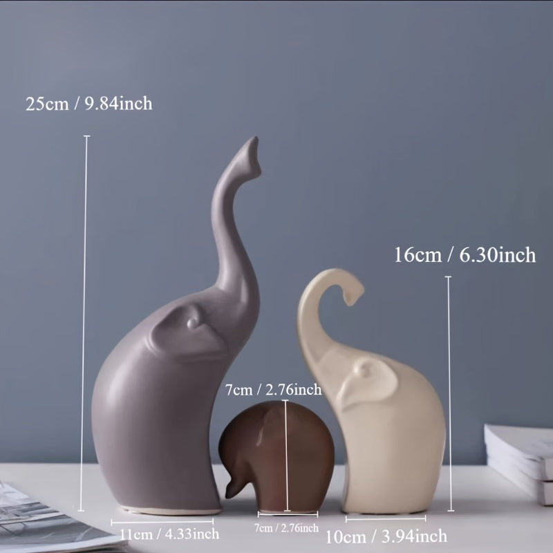 Home decor elephant family trio ceramic statues, modern minimalist decorative figurines for living room and table.