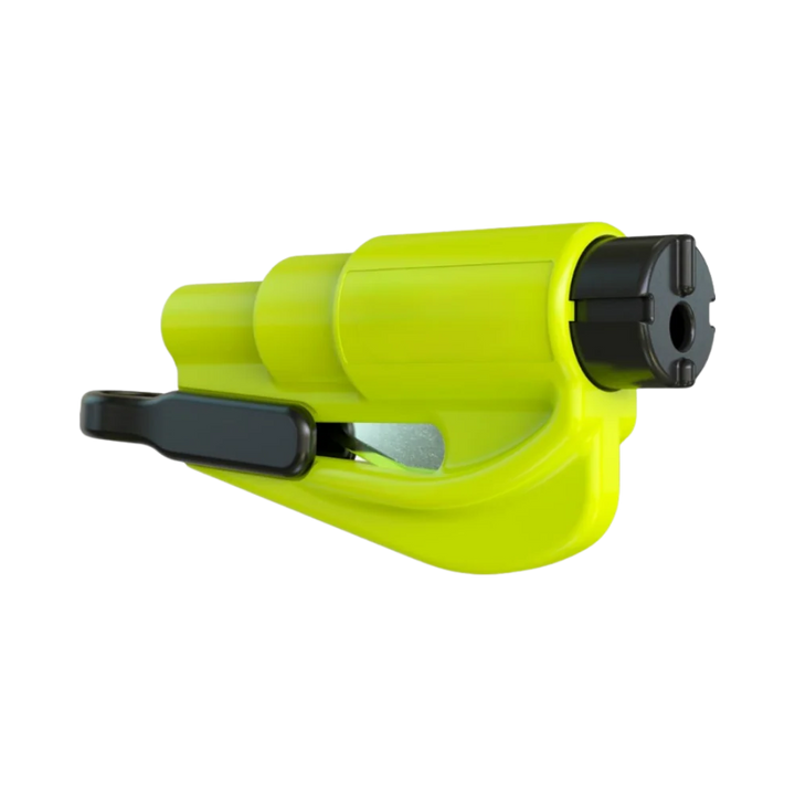 Handheld emergency car safety tool with window breaker & seatbelt cutter for quick vehicle escape.