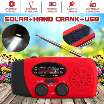 Emergency hand-crank radio with built-in flashlight, ideal for power outages & survival kits.