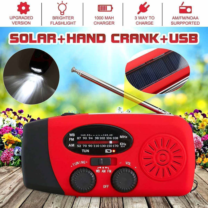 Emergency hand-crank radio with built-in flashlight, ideal for power outages & survival kits.