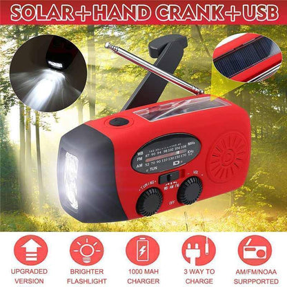 Portable hand-crank weather radio with solar power, charging USB devices on the go.