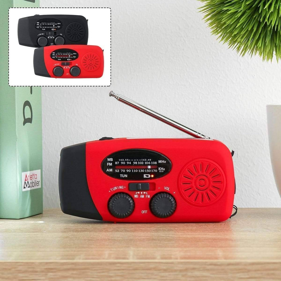 Multi-functional emergency radio featuring a powerful flashlight and power bank for outdoor gear.