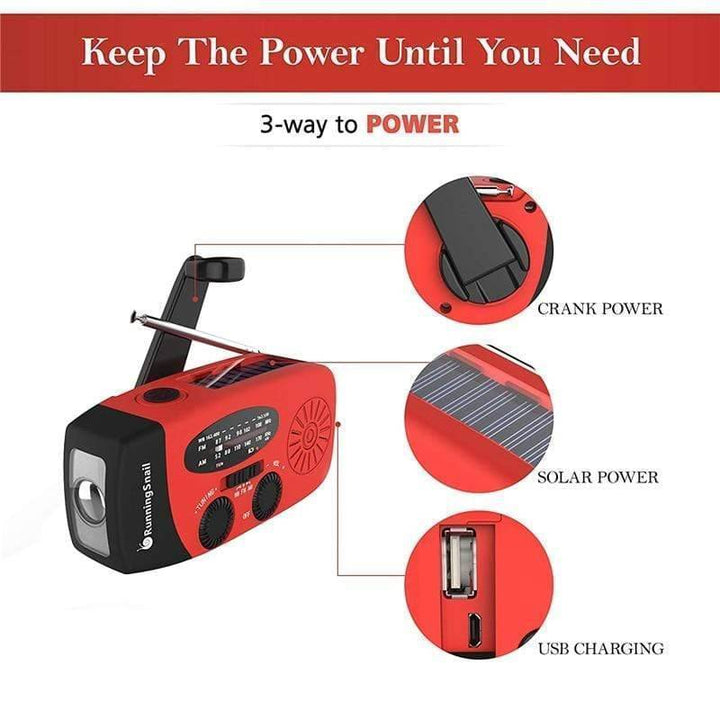 Compact hand-crank radio for emergencies, offering weather alerts and charging capabilities.