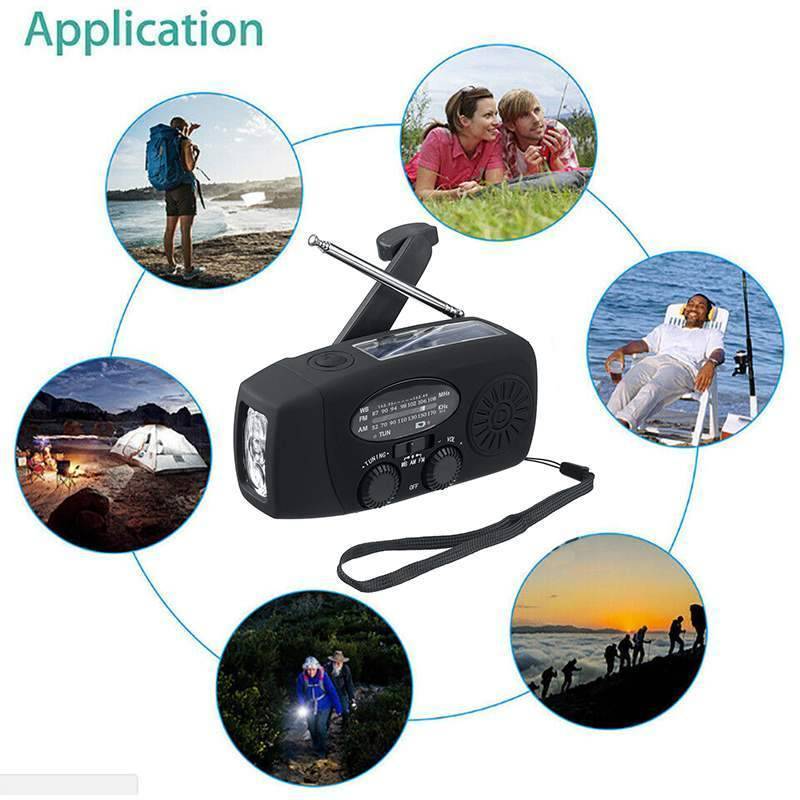 Durable emergency hand-crank radio, essential for camping, hiking, and disaster preparedness.