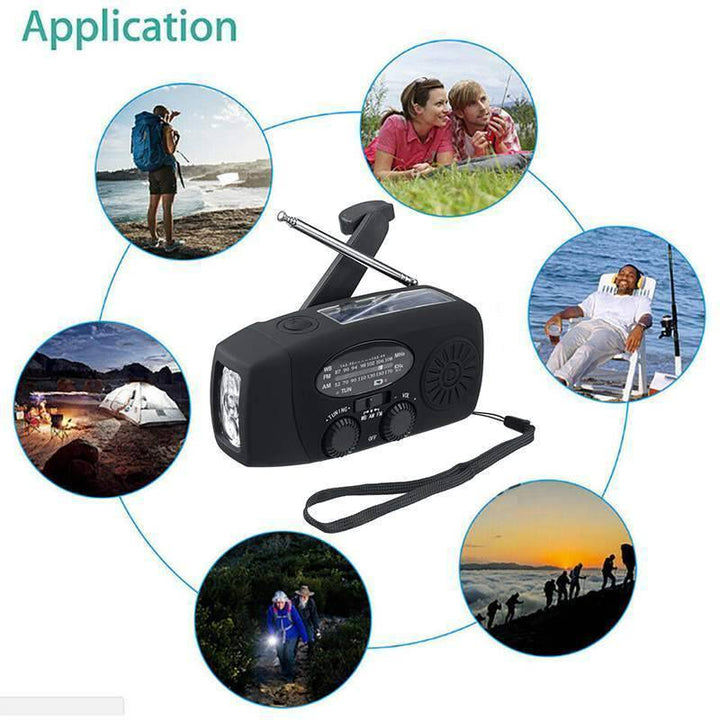 Durable emergency hand-crank radio, essential for camping, hiking, and disaster preparedness.