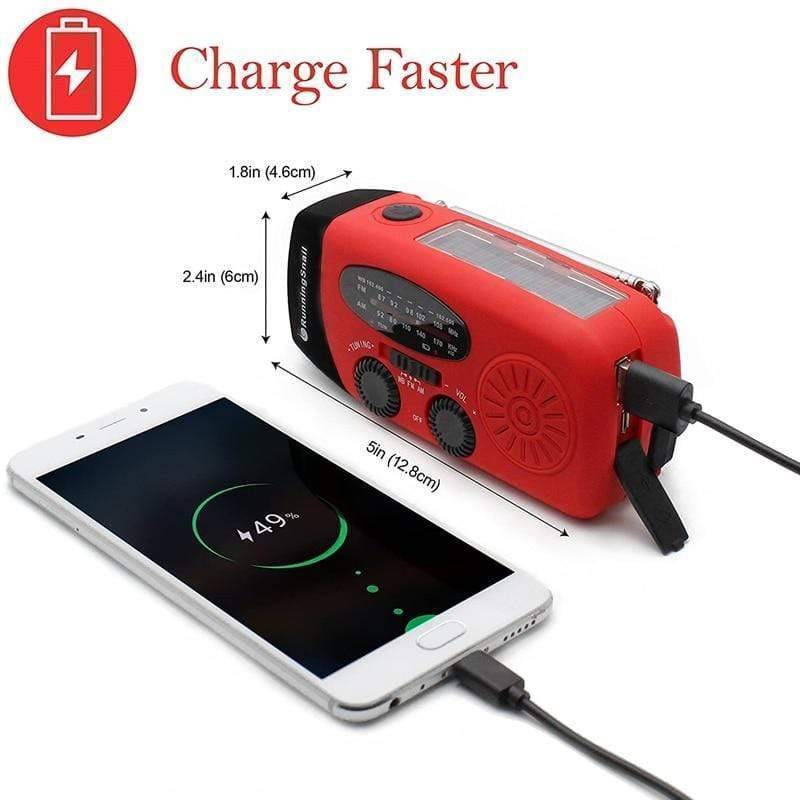 Survival kit essential: hand-crank radio, flashlight, and portable charger for off-grid power.