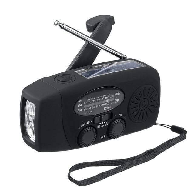 Weather radio with hand crank and solar charging, keeping you informed and connected anywhere.