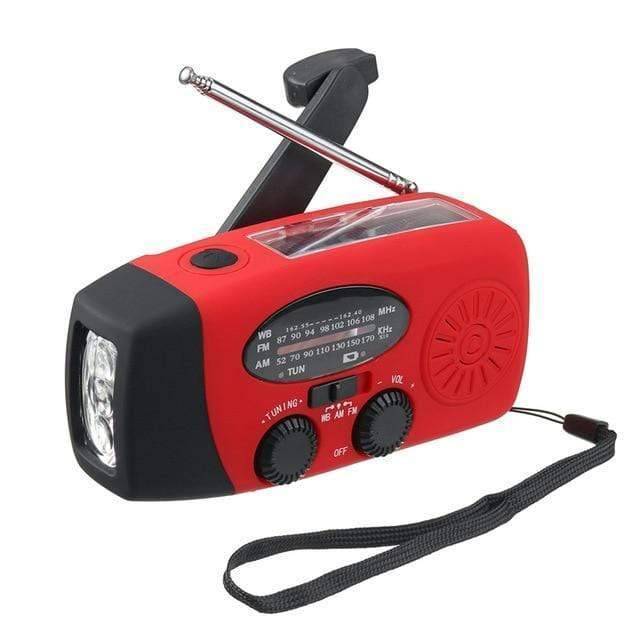 Emergency preparedness: hand-crank radio with bright LED flashlight and USB power bank.