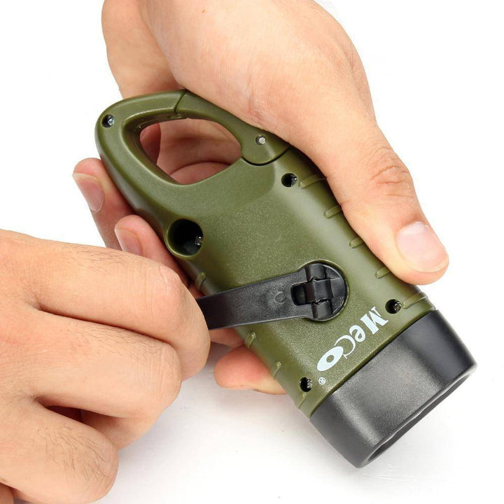 Hand crank solar rechargeable flashlight with bright LED for outdoor and hiking