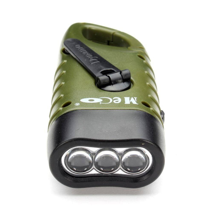 Red emergency LED flashlight with solar panel and hand crank dynamo charger