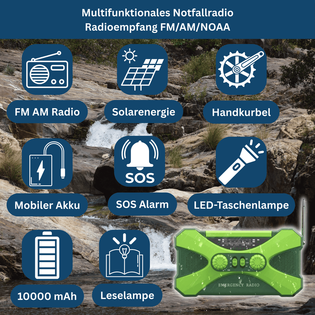 Feature-rich emergency radio with a powerful 10,000mAh power bank, LED flashlight, and SOS alarm for camping