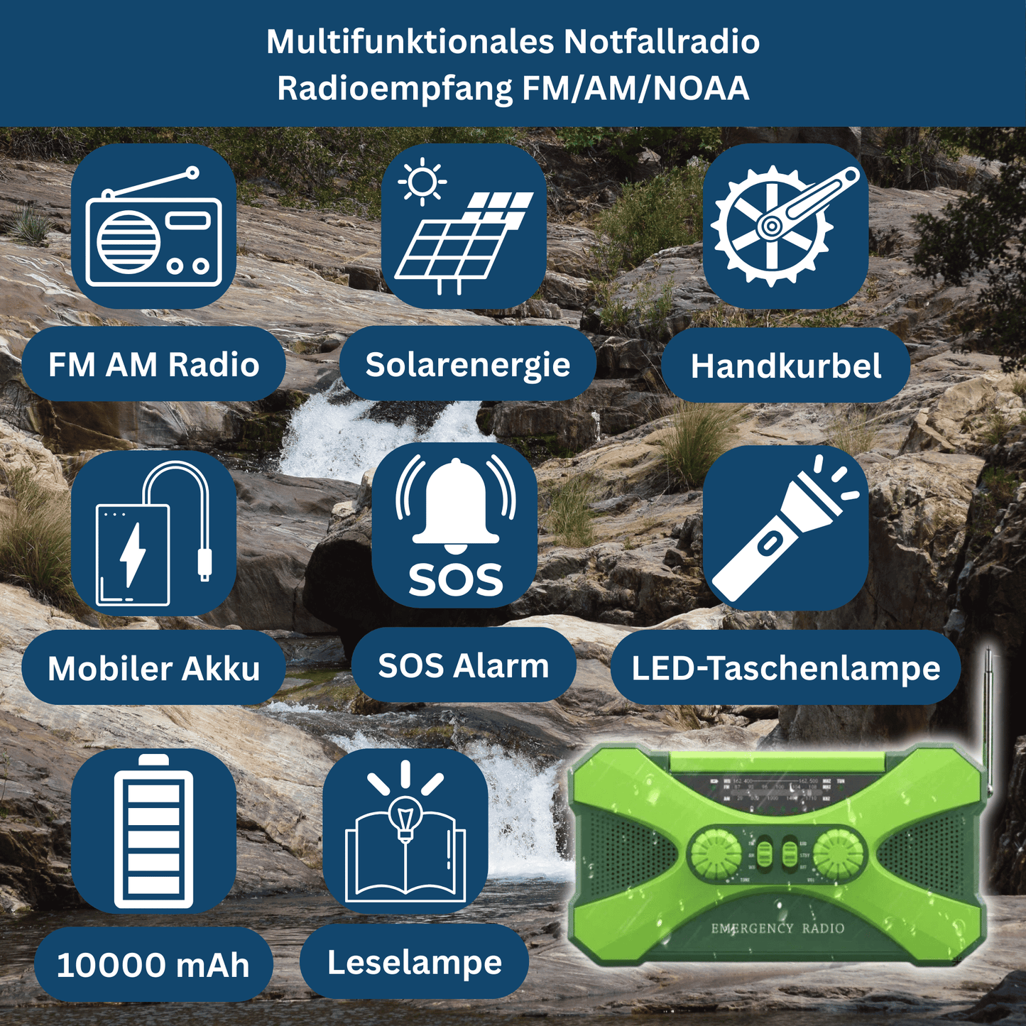 Feature-rich emergency radio with a powerful 10,000mAh power bank, LED flashlight, and SOS alarm for camping