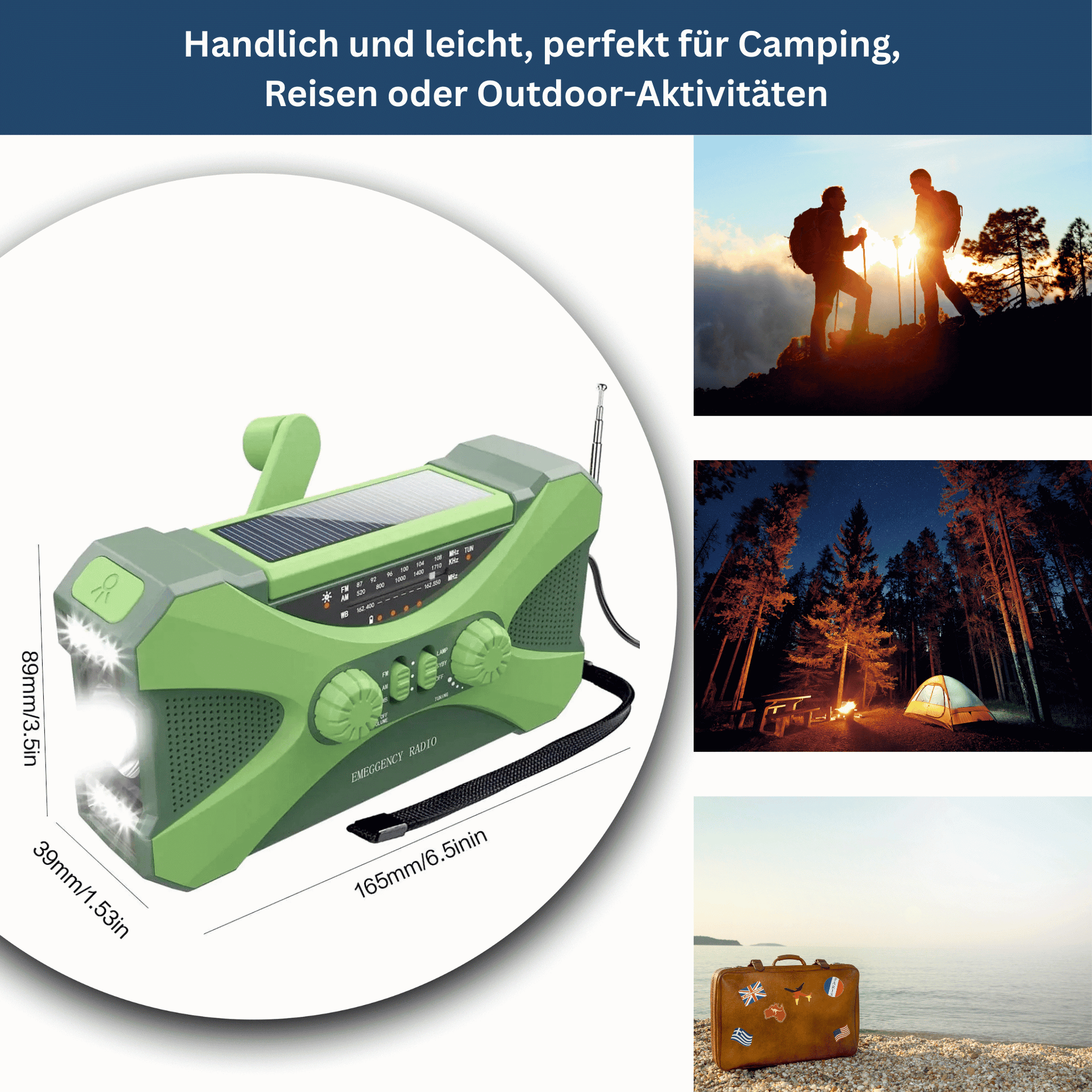 LED flashlight illuminating a dark camp, integrated into the 10,000mAh solar & hand crank emergency radio